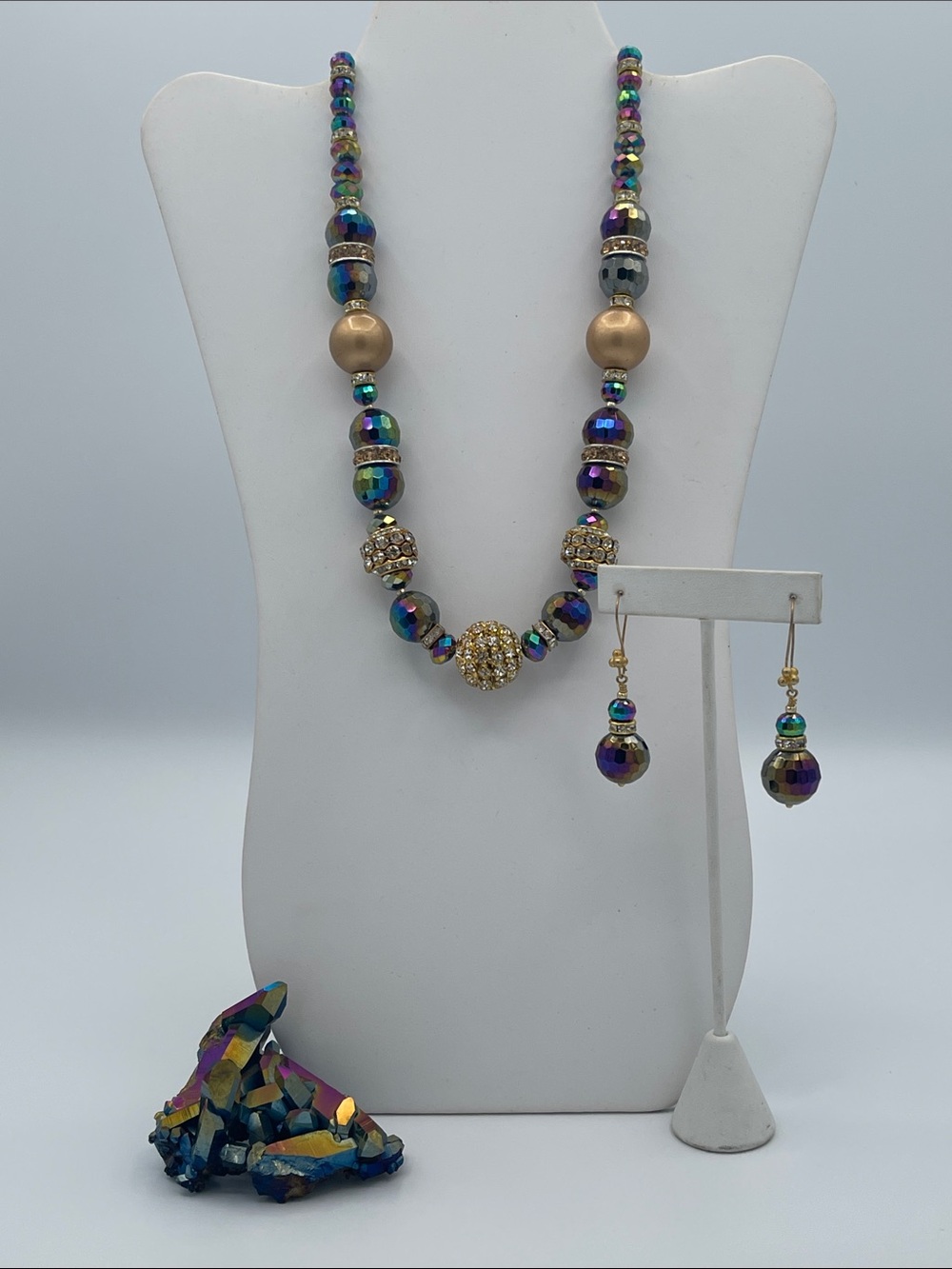 Iridescent Multicolor Beaded Necklace and Earring Set with Gold Accents